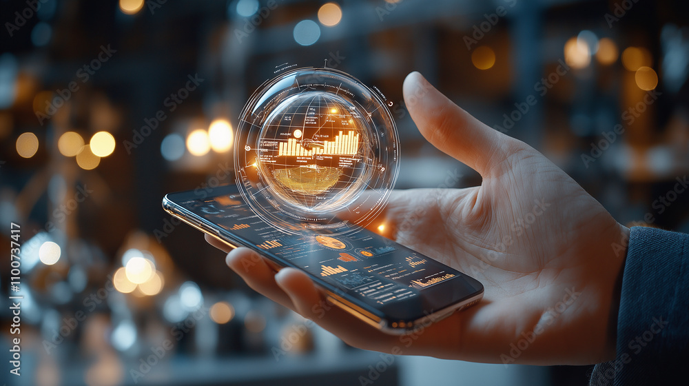 Poster smartphone displaying data visualization with glowing graphics