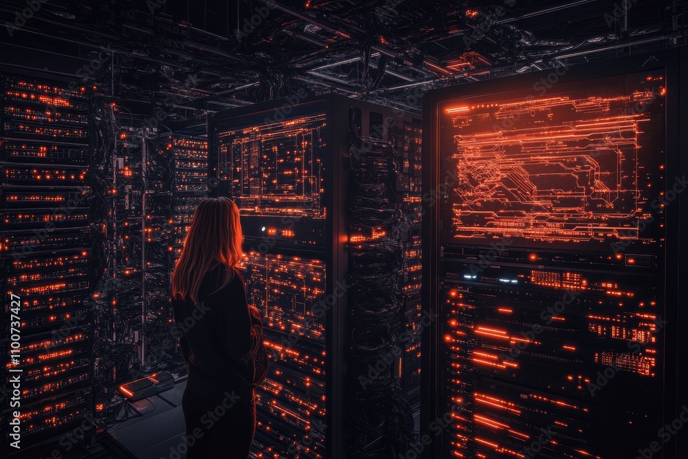 Poster A person stands in a dimly lit server room, surrounded by glowing red data displays and servers, immersed in a world of technology and information.