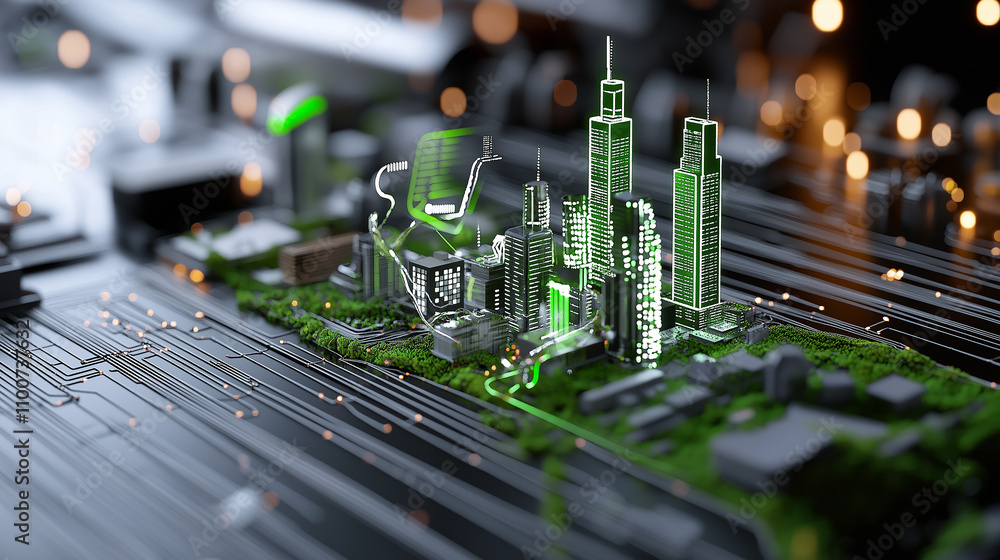 Aufkleber futuristic cityscape with green technology and circuit patterns