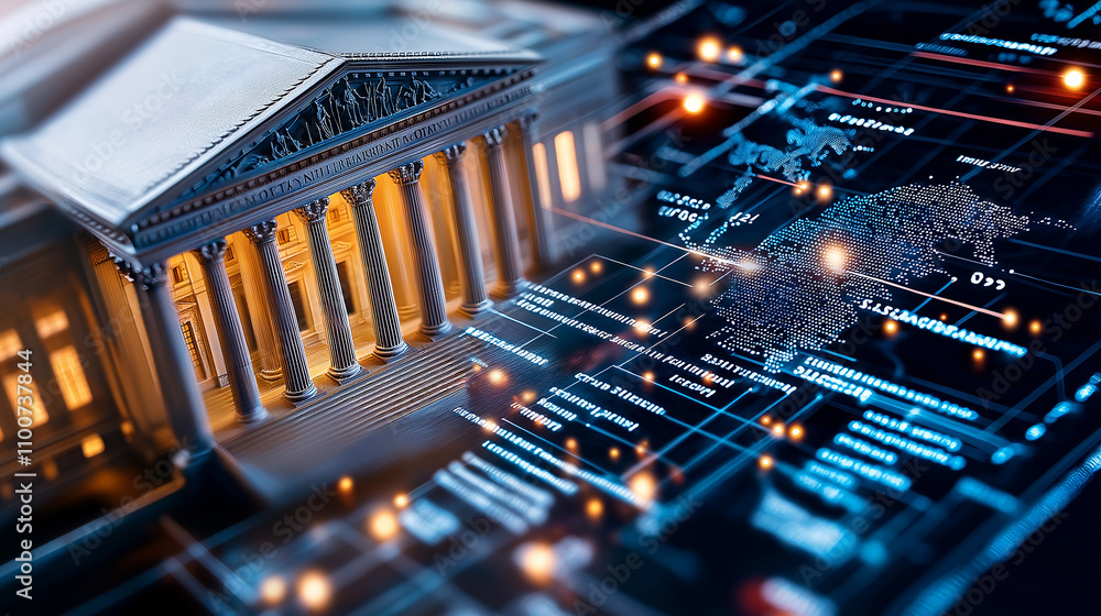 Poster conceptual image of government building with digital elements