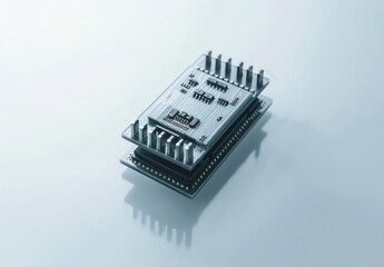 Close-up of a semiconductor chip with detailed electronic components and circuits on clean white background, ideal for tech and engineering projects.