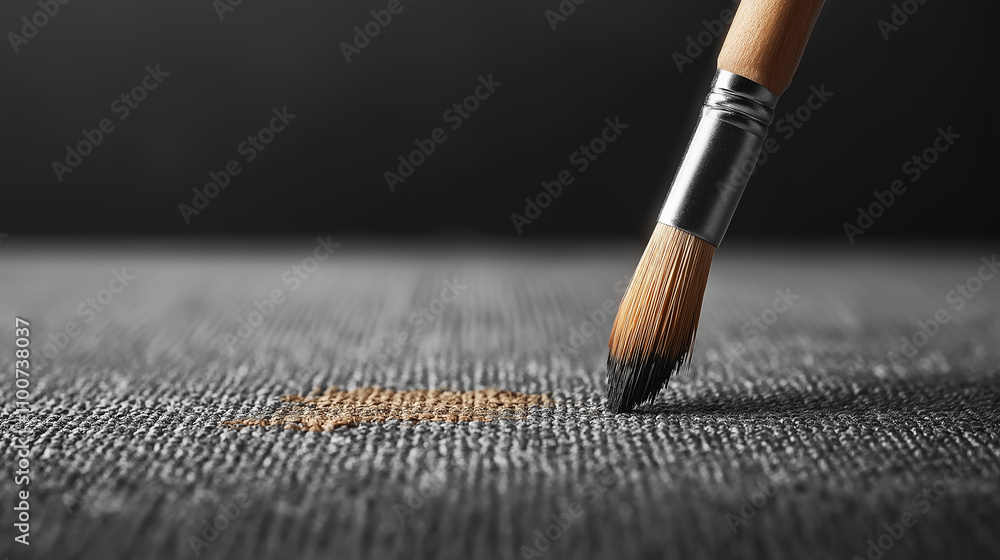 Poster close up of paintbrush touching textured canvas, creating art