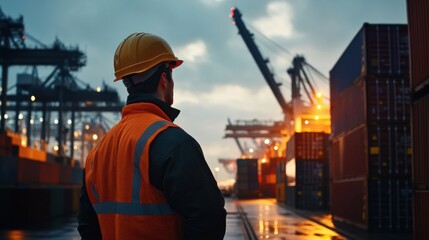 Container port supervisor overseeing cargo management during extreme weather conditions, ensuring safety protocols and operational continuity