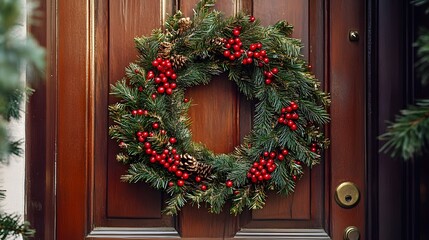 Festive Christmas wreath adorns a wooden door