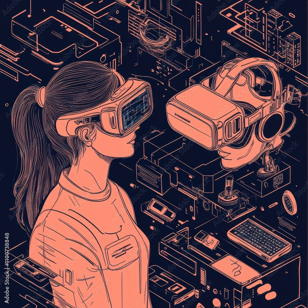 Aufkleber a woman interacts with advanced virtual reality technology, showcasing a futuristic environment fill