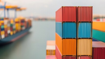 Obraz premium Colorful shipping containers stacked at a port, with a cargo ship in the background, illustrating global trade and logistics.