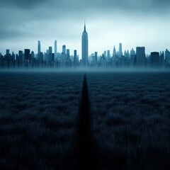 Obraz premium A dark, hazy cityscape skyline viewed from a vast, empty field with a pathway leading towards it.