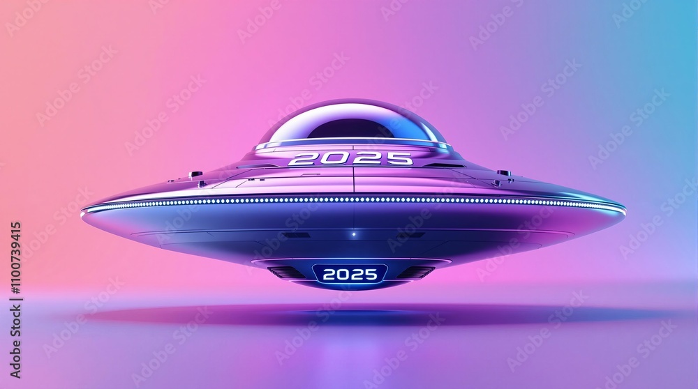 Poster futuristic ufo with 2025 display hovering in neon gradient environment
