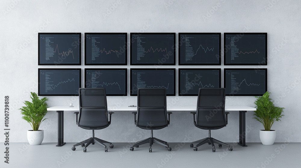 Aufkleber modern office setup featuring multiple screens displaying data analytics