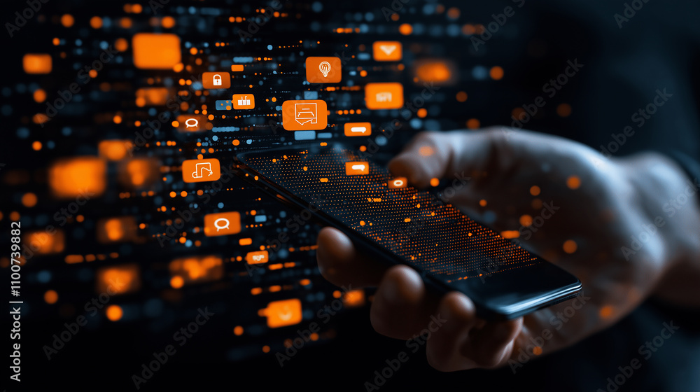 Poster smartphone displaying social media marketing icons and notifications