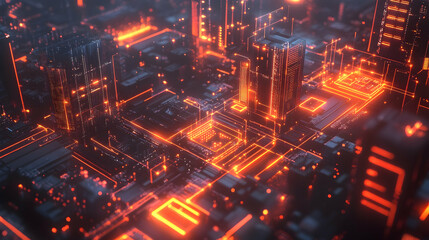 Fototapeta premium A futuristic glowing cityscape with neon-red light grids, symbolizing a high-tech urban hub and digital transformation.