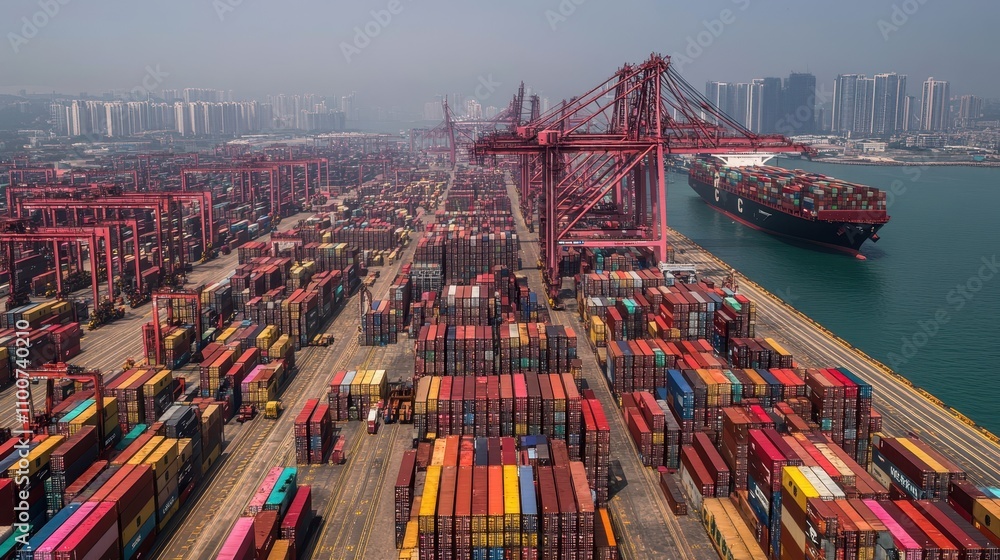 Poster aerial view of a busy shipping port filled with colorful containers and cranes, bustling with activi