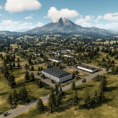 Aerial view of industrial complex nestled in a valley with mountain backdrop.