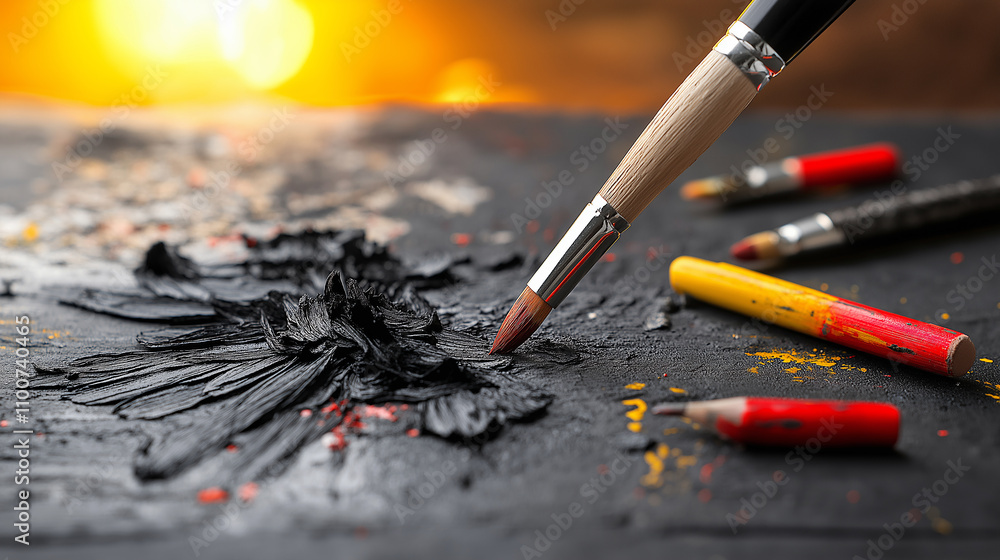 Poster artistic brush creating texture on black canvas with colored pencils