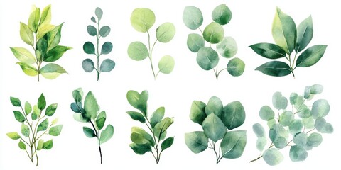 Obraz premium Watercolor Illustration of Various Green Leaves and Foliage