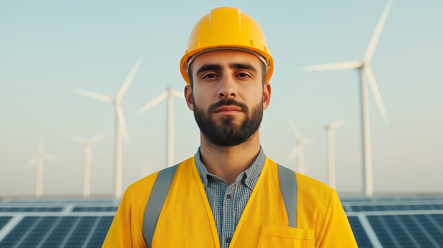 Engineer in yellow safety vest and helmet at wind farm - Powered by Adobe