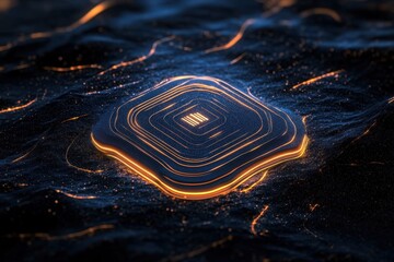 Obraz premium A glowing, abstract design resembling a digital circuit board, surrounded by dark, fluid shapes, evoking a sense of technology and innovation.