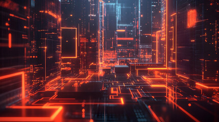 A high-tech digital grid illuminated in blue and orange, representing secure IT systems and data flow.
