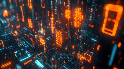 Obraz premium A futuristic orange glowing digital skyline, symbolizing IT infrastructure and advanced data systems.
