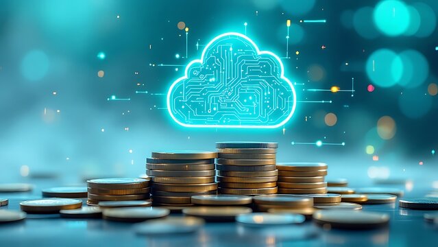 Stacks of coins with a cloud icon symbolize cloud financial planning, highlighting cost management and budgeting in cloud computing.