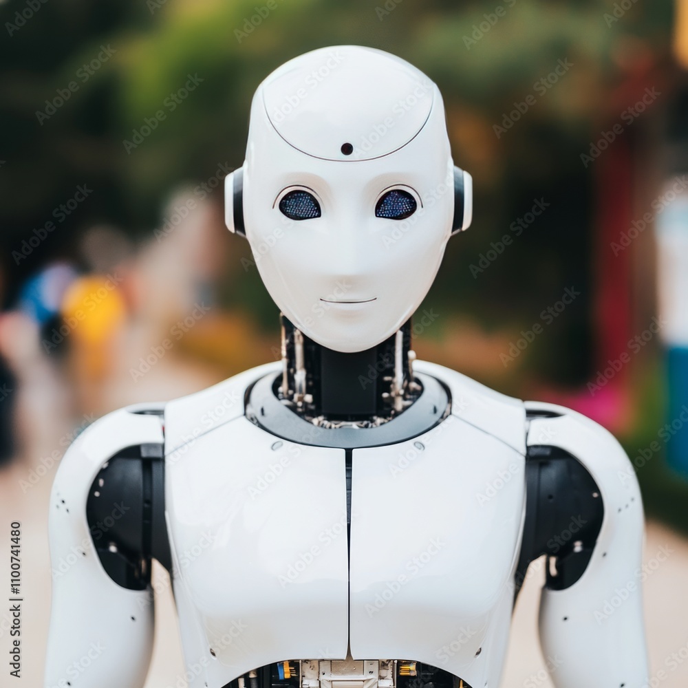 Poster close-up of a humanoid robot with a calm expression.
