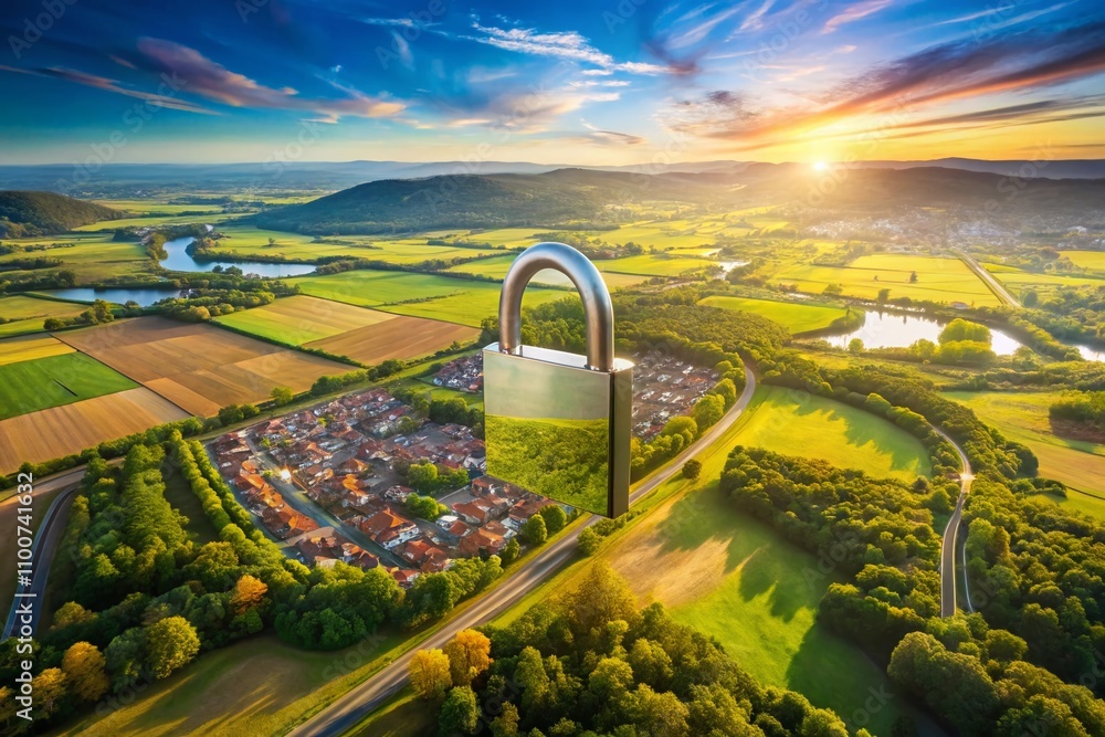 Poster protective shield with locked padlock in flat style and long shadow, symbolizing security and safety