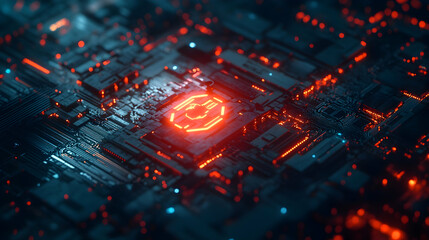 A glowing red shield icon on a circuit board representing advanced encryption and secure IT systems.