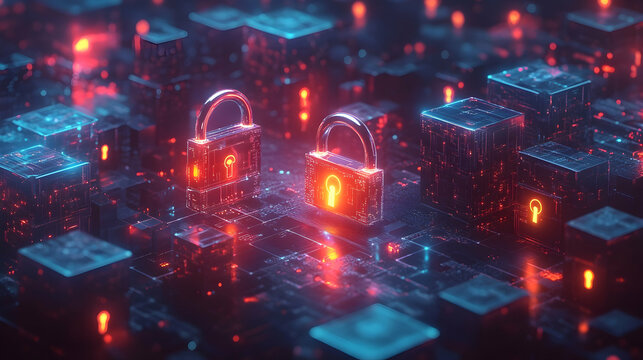 Multiple glowing red locks in a digital grid, representing data encryption and advanced IT security.