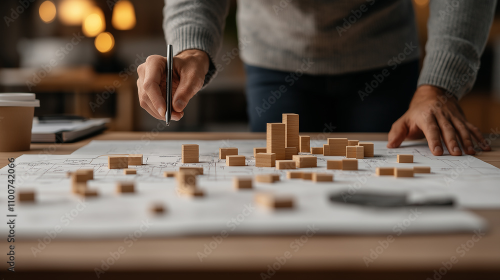 Aufkleber urban planners analyzing building models on blueprints with focus