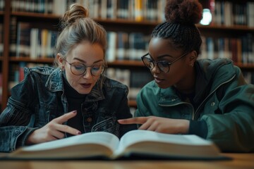 Young women of diverse ethnicities studying together in library, promoting concept of collaboration and education