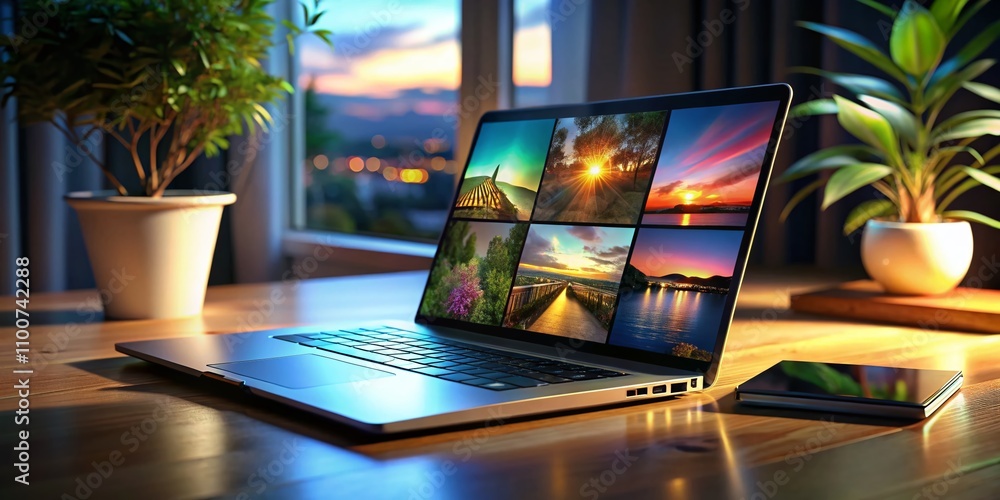 Aufkleber realistic 3d laptop from various angles with blank screen - modern minibook images in low light, per