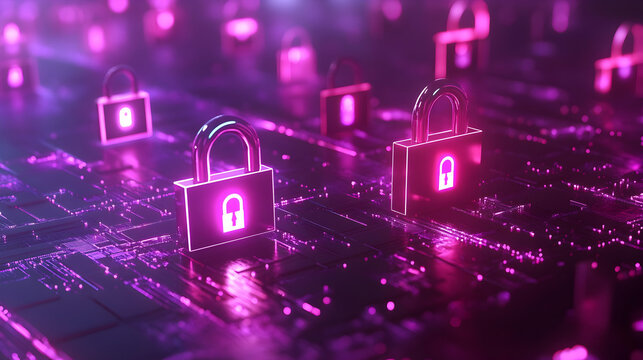Multiple neon pink locks glowing on a futuristic digital grid, symbolizing advanced encryption and data security