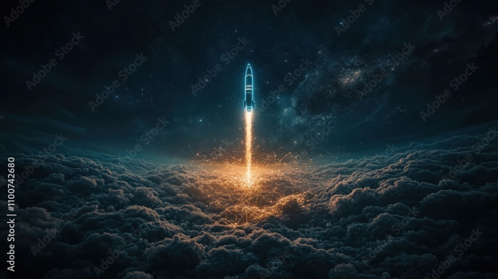 Poster a rocket launches through clouds into space, illuminating the dark sky with a bright flame, symboliz