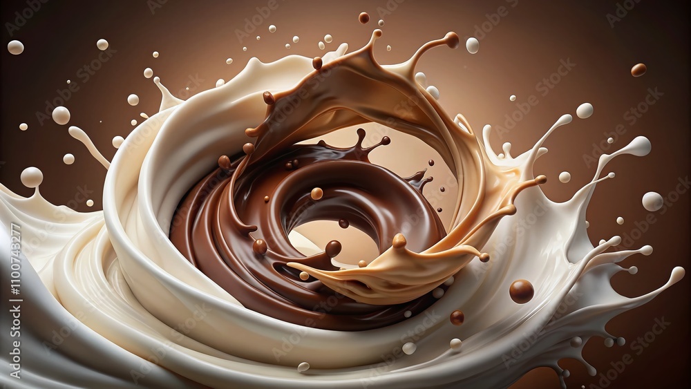 Poster realistic milk and chocolate swirl splash for dynamic package promotions - captivating liquid whirlw