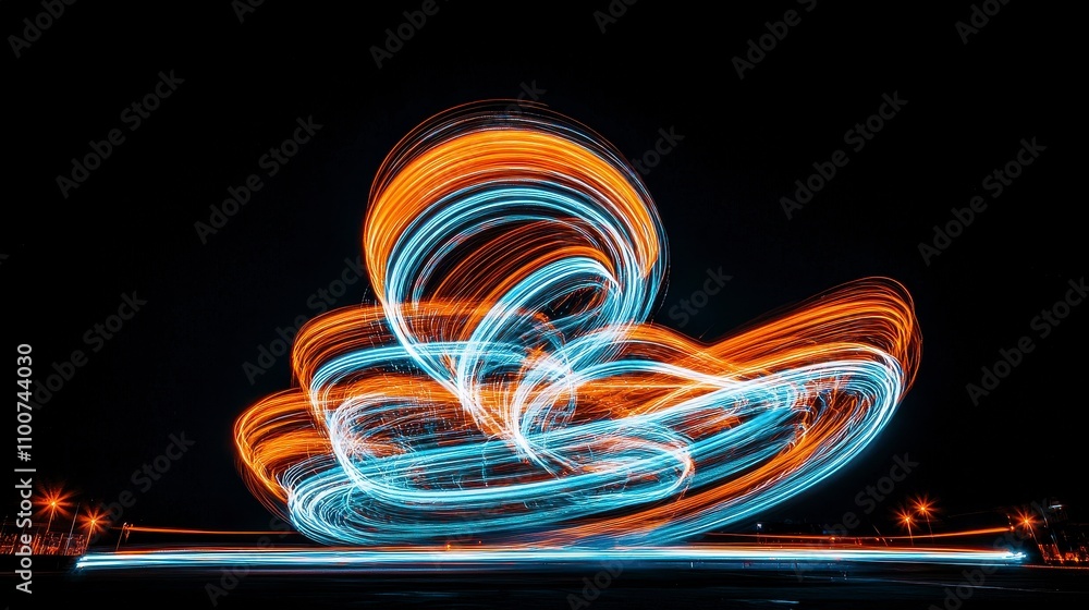 Poster colorful light trails creating dynamic swirling patterns in darkness