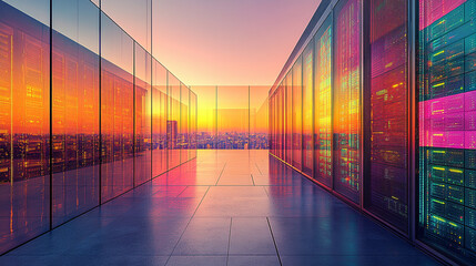 A modern corridor inside a busy data center with rows of servers creating a sense of high-tech, efficiency, and connectivity, symbolizing the backbone of digital infrastructure