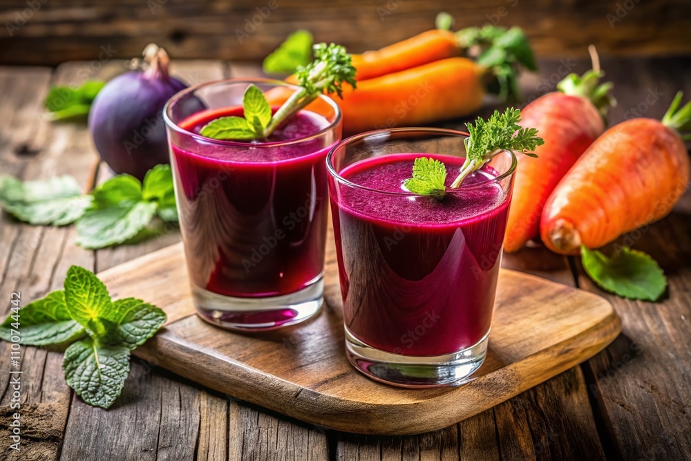 Poster refreshing beetroot and carrot juice with mint garnish on rustic table, perfect for brain boosting h
