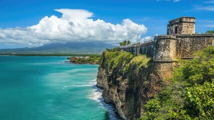 Coastal fortress on cliff overlooking turquoise sea under clear skies