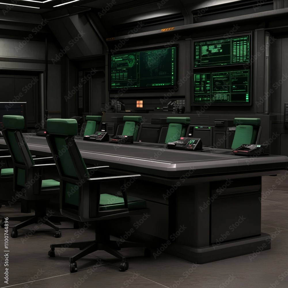 Poster futuristic control room interior with large table, chairs, and multiple monitors displaying data.