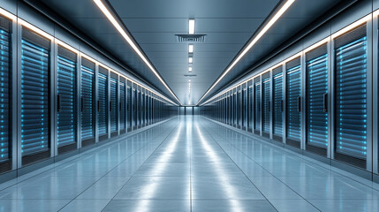 Fototapeta premium A modern corridor inside a busy data center with rows of servers creating a sense of high-tech, efficiency, and connectivity, symbolizing the backbone of digital infrastructure