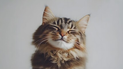 Obraz premium fluffy cat winks on light gray background, Generative AI