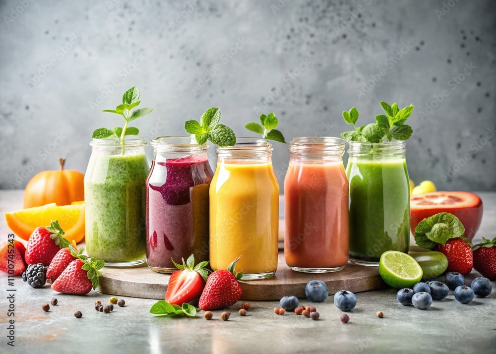 Poster refreshing minimalist smoothie arrangement: a clean and simple composition of colorful smoothies in 