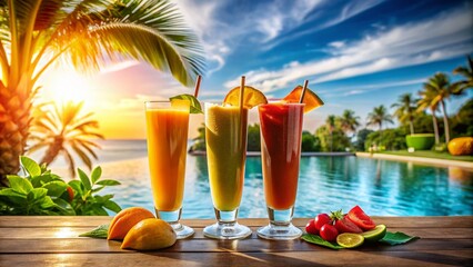 Refreshing Mango and Watermelon Smoothies by the Poolside with a Beautiful Beach View for a Perfect Summer Vibe