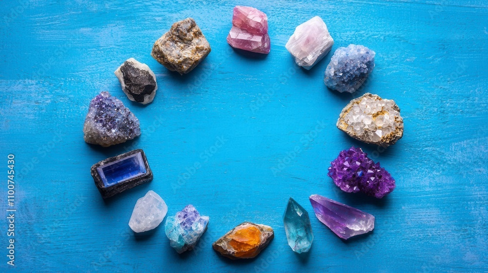 Poster an assortment of colorful crystals arranged in a circular pattern