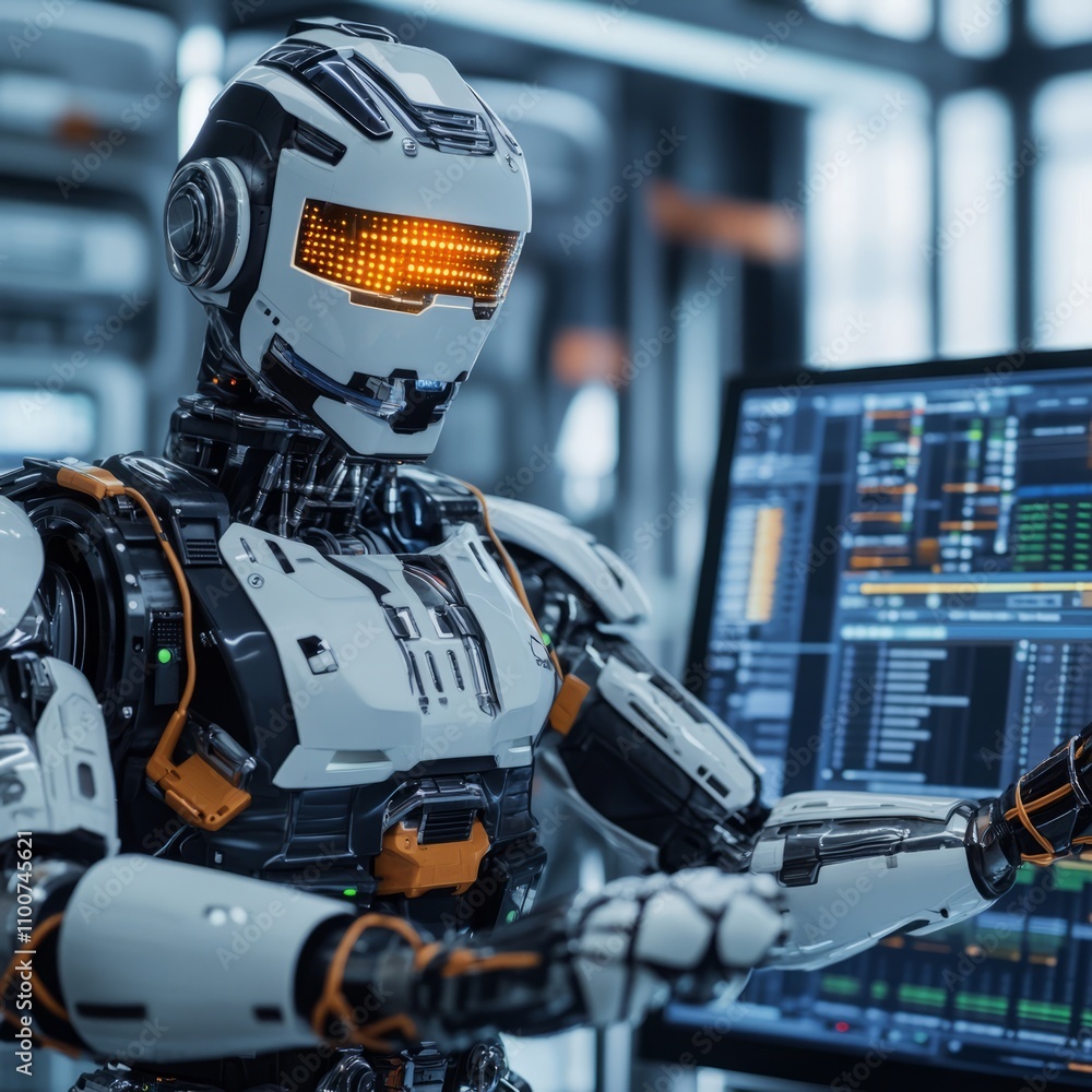 Aufkleber futuristic robot working on a computer in a modern factory.