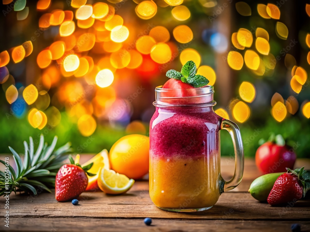 Aufkleber refreshing tropical smoothie in a mason jar against a colorful bokeh background for a bright and hea