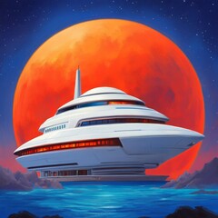 Obraz premium Futuristic spaceship docked near a red planet.