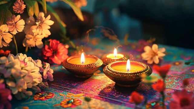 Celebration of light with oil lamps and vibrant flowers on a colorful table