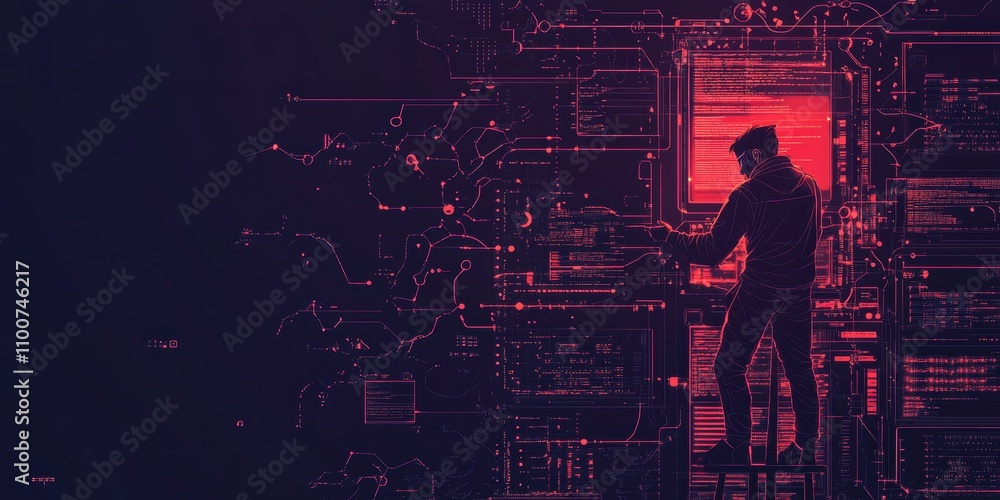 Poster A silhouette interacts with a digital interface, surrounded by circuitry and glowing red elements, evoking a sense of technology and innovation.
