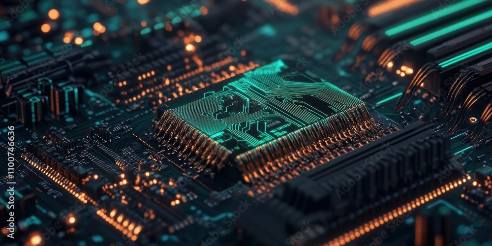 Aufkleber A close-up view of a glowing microchip on a circuit board, showcasing intricate details and vibrant colors in a technological setting.